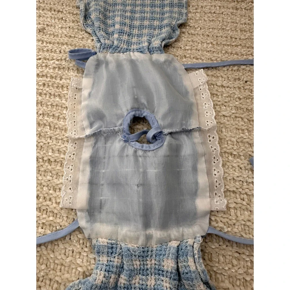 Vintage Doll Dress Blue Gingham Checkered Lace‎ Trim Teddy Bear Clothes Slip On